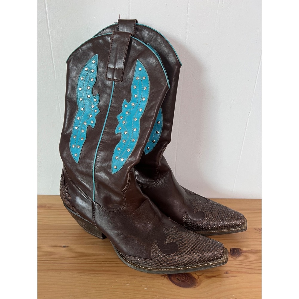 BCBGirls Brown Turquoise Studded Snakeskin Western Cowboy Boots Size 7.5